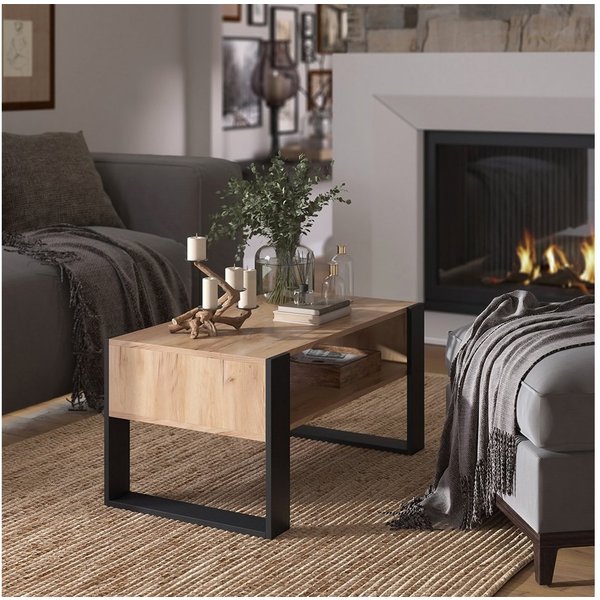 Vicco Couchtisch Olli, Goldkraft Eiche/Schwarz, 92 x 52,4 cm mit Ablage (1-St)