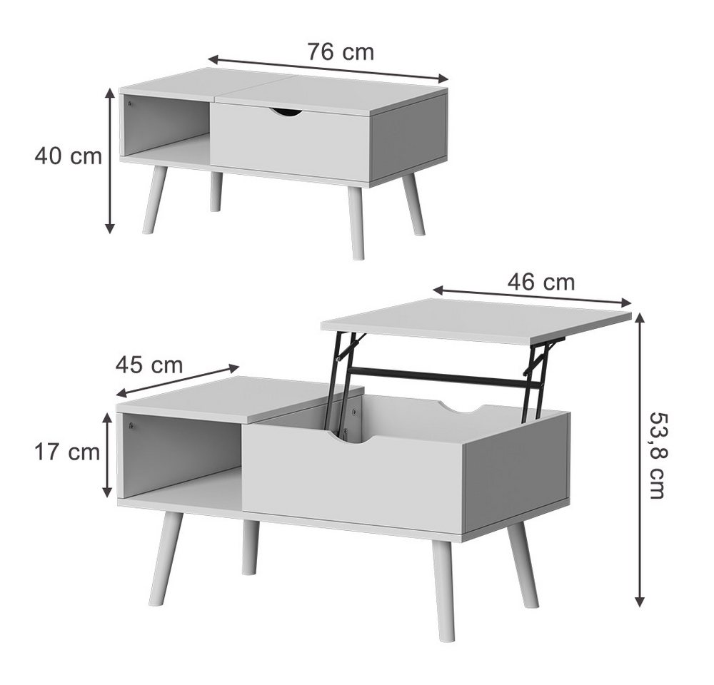Vicco Couchtisch Stora, Weiß, 76 x 45 cm mit Liftfunktion (1-St) – Bild 3 von 5