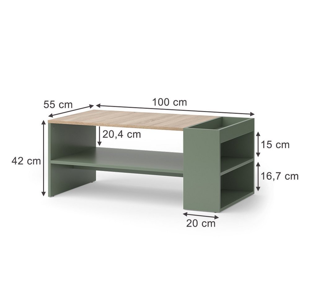 Vicco Couchtisch Wido, Grün/Sonoma, 100 x 55 cm mit Regalen (1-St) – Bild 3 von 5