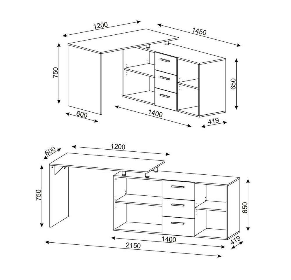 Vicco Eckschreibtisch Dante, Weiß, 145 x 120 cm (1-St) – Bild 4 von 5