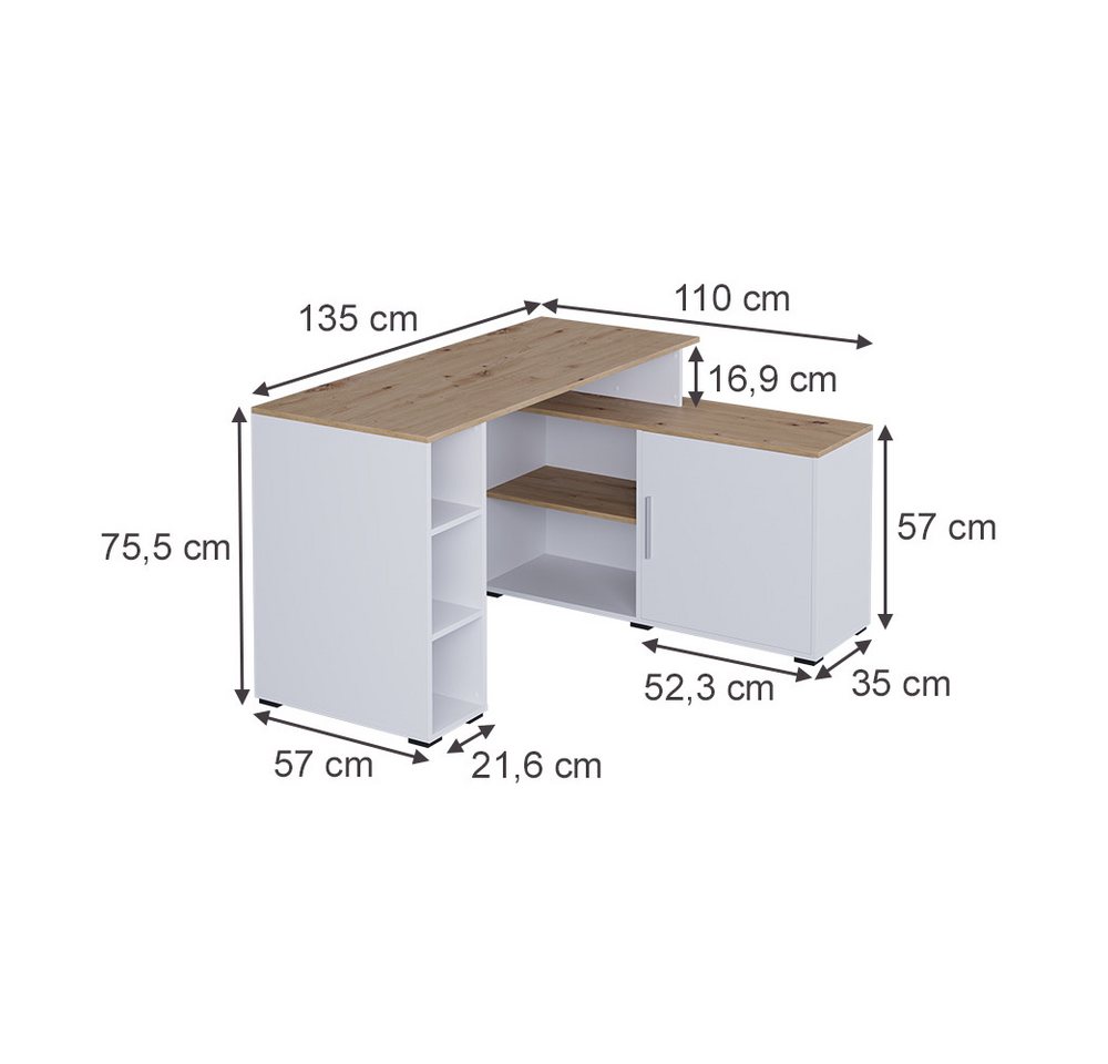 Vicco Eckschreibtisch Rudy, Weiß/Artisan, 135 x 110 cm mit Regalen (1-St) – Bild 3 von 5