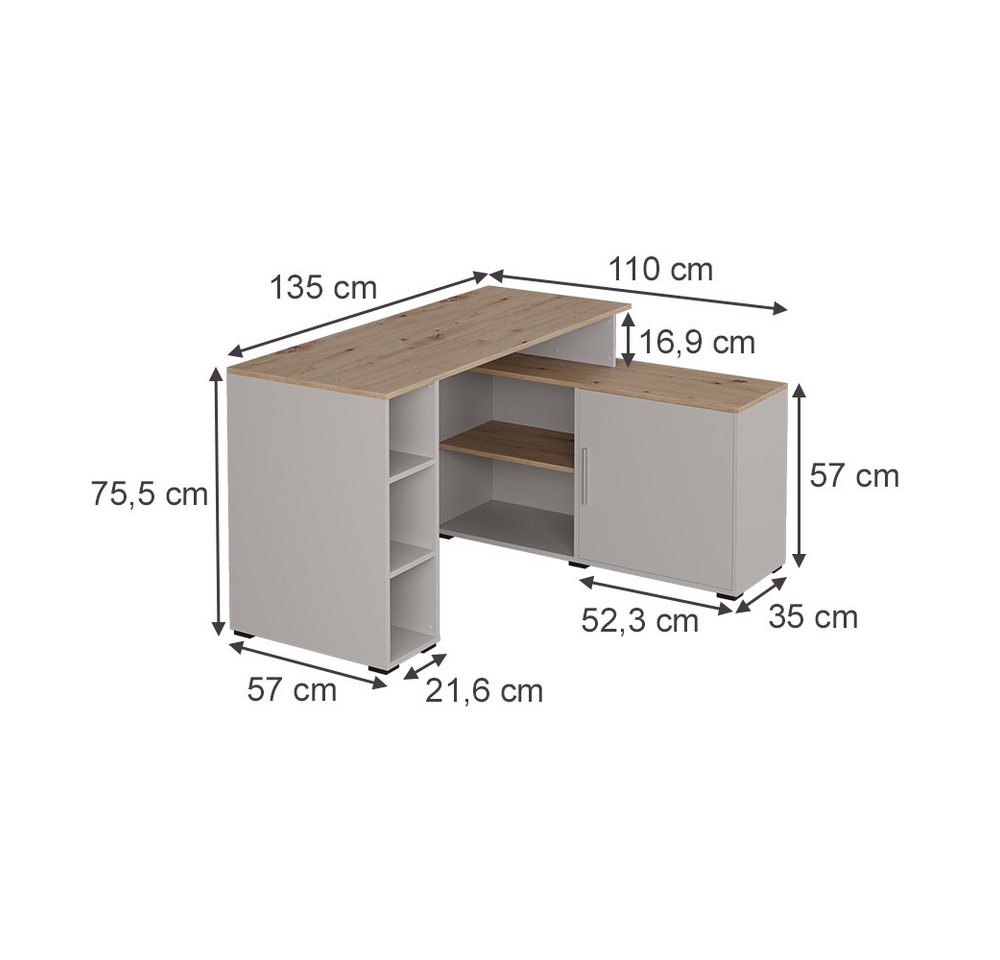Vicco Eckschreibtisch Rudy, Cashmere/Artisan, 135 x 110 cm mit Regalen (1-St) – Bild 3 von 5