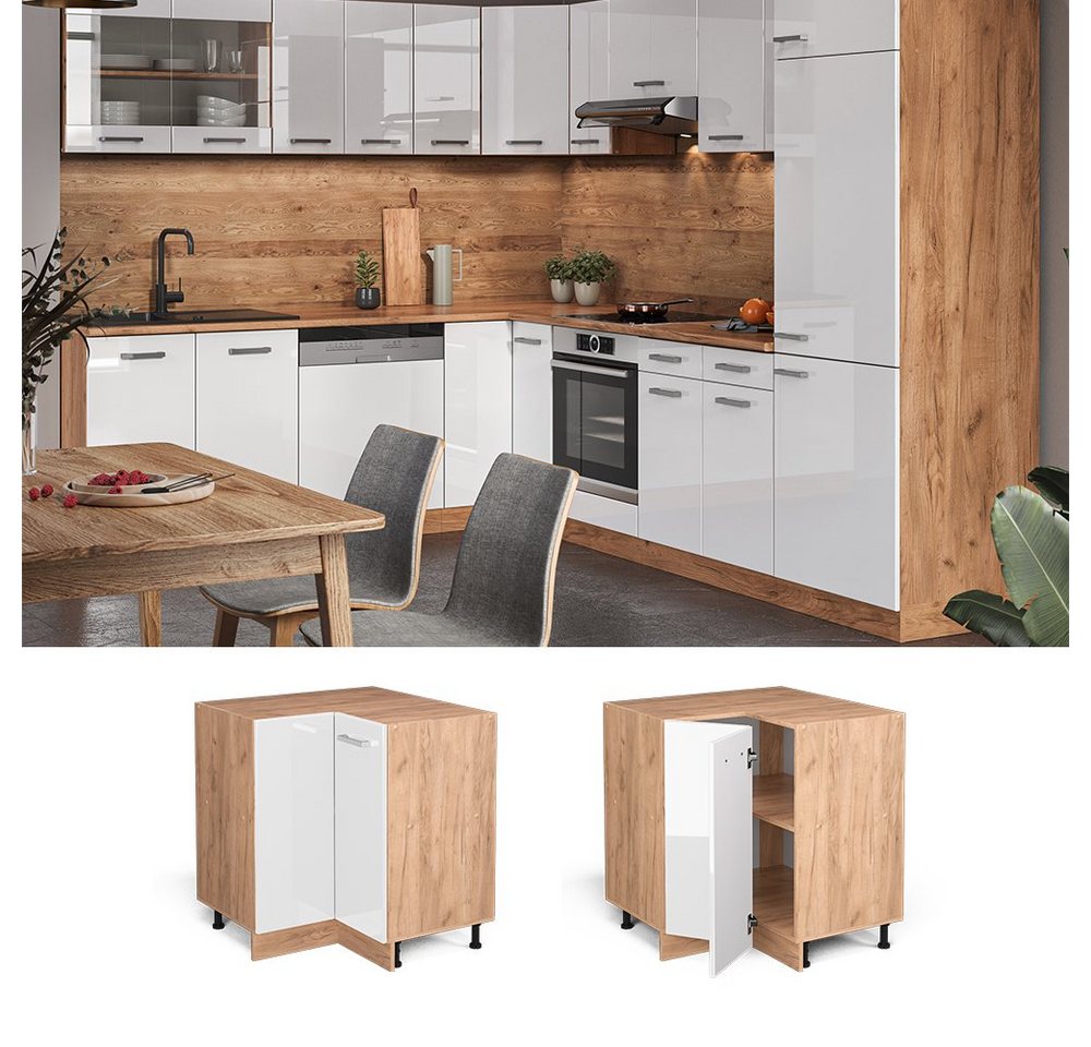 Vicco Eckunterschrank R-Line, Weiß Hochglanz/Goldkraft Eiche, 75.6 cm ohne Arbeitsplatte (1-St) – Bild 3 von 5