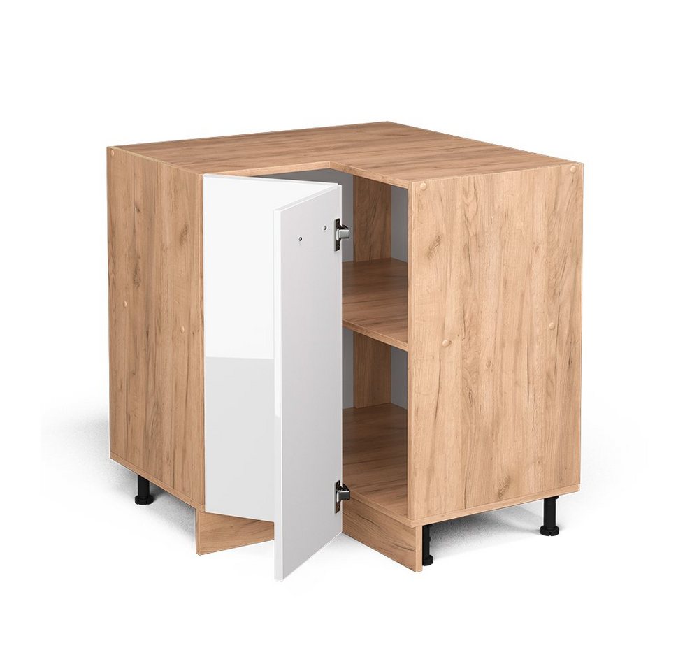 Vicco Eckunterschrank R-Line, Weiß Hochglanz/Goldkraft Eiche, 75.6 cm ohne Arbeitsplatte (1-St) – Bild 4 von 5