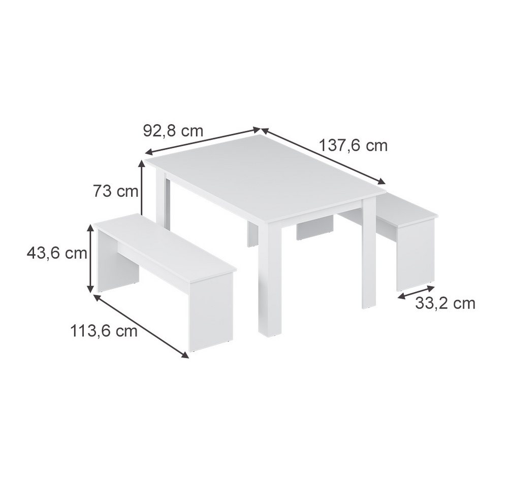 Vicco Essgruppe Sentio, Weiß, 137.6 x 92.8 cm mit 2 Bänken, (Set, 3-tlg., 3-er Set), platzsparend – Bild 3 von 5