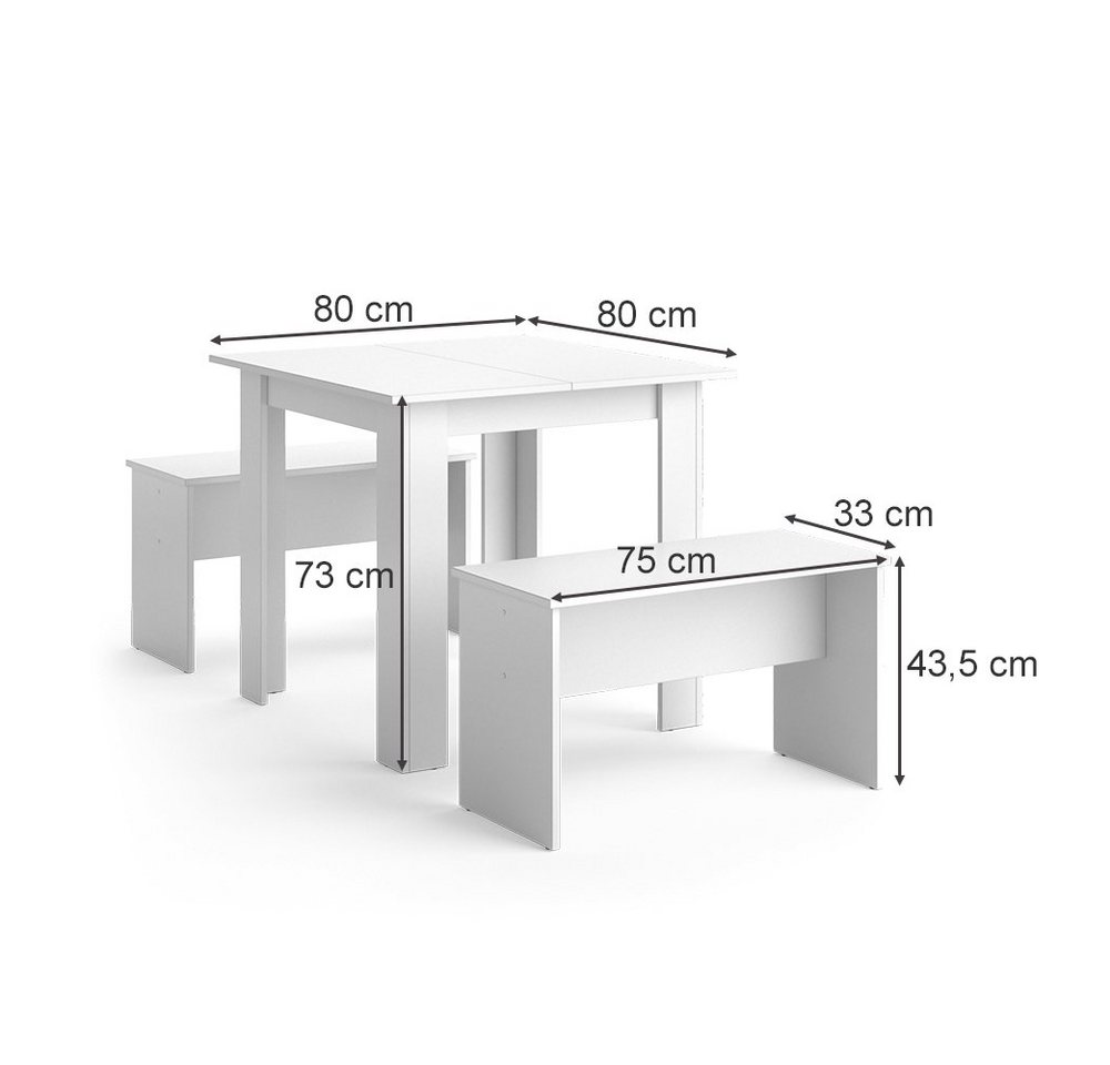Vicco Essgruppe Sentio, Weiß, 80 x 80 cm mit 2 Bänken, (Set, 3-tlg., 3-er Set), platzsparend – Bild 4 von 5