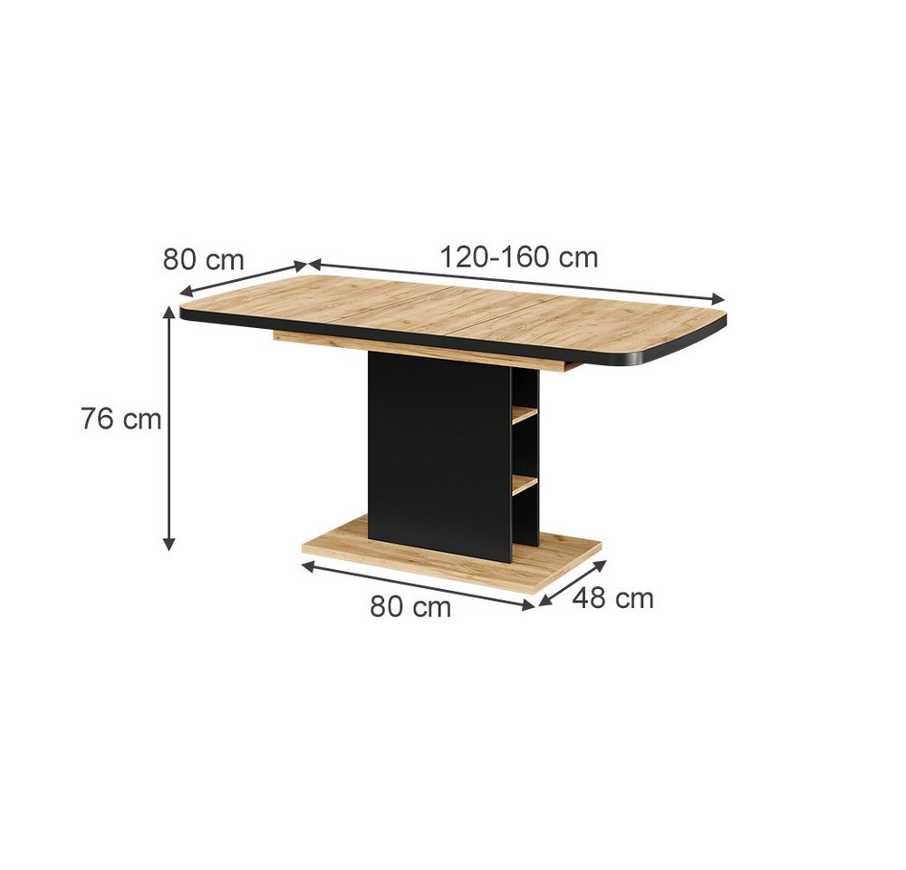 Vicco Esstisch Fenaro, Schwarz/Eiche, 120-160 x 80 cm mit offenen Fächern (1-St) – Bild 3 von 5