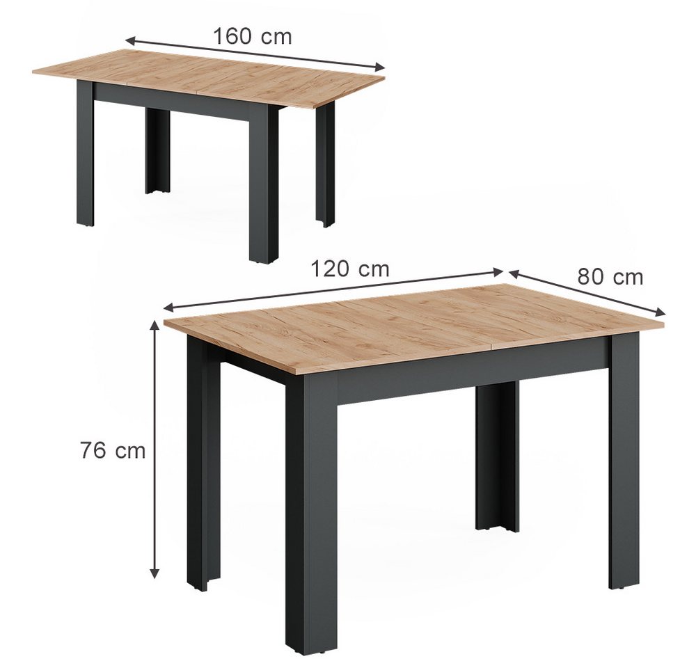 Vicco Esstisch Repose, Anthrazit/Goldkraft Eiche, 120-160 x 80 cm ausziehbar (1-St) – Bild 3 von 5