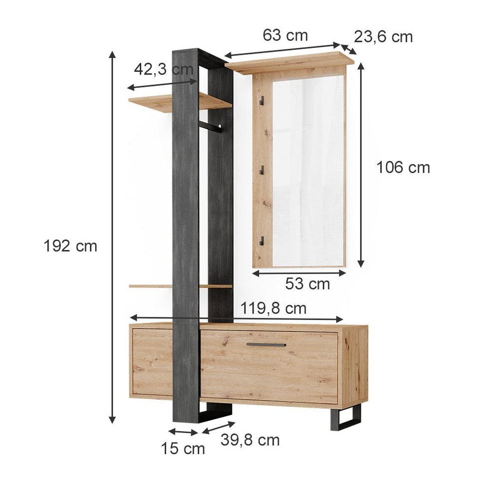 Vicco Garderoben-Set Porto, Artisan-Eiche/Schwarz, 120 x 192 cm, (2-St) – Bild 4 von 5