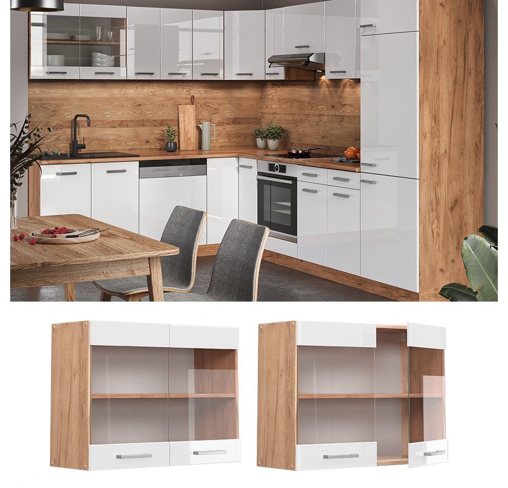 Vicco Glashängeschrank R-Line, Weiß Hochglanz/Goldkraft Eiche, 80 cm (1-St) – Bild 2 von 5