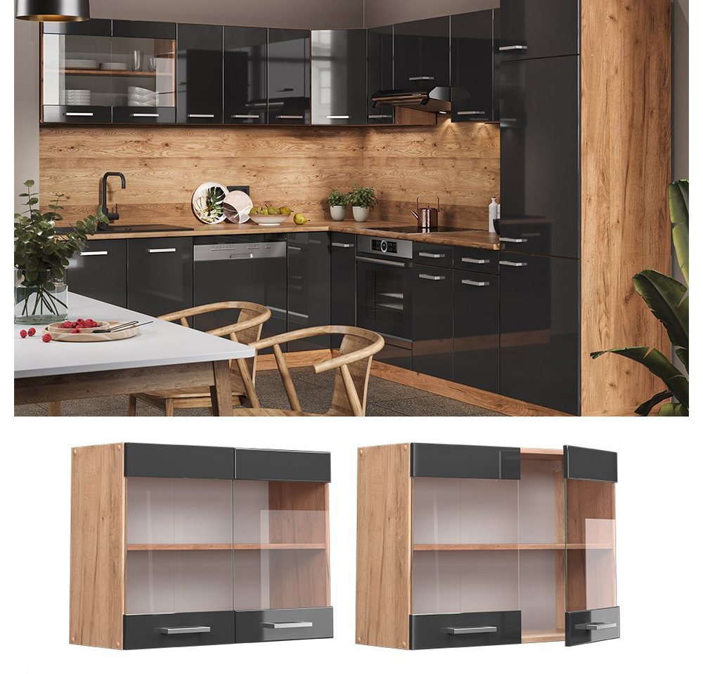Vicco Glashängeschrank R-Line, Anthrazit Hochglanz/Goldkraft Eiche, 80 cm (1-St) – Bild 2 von 5