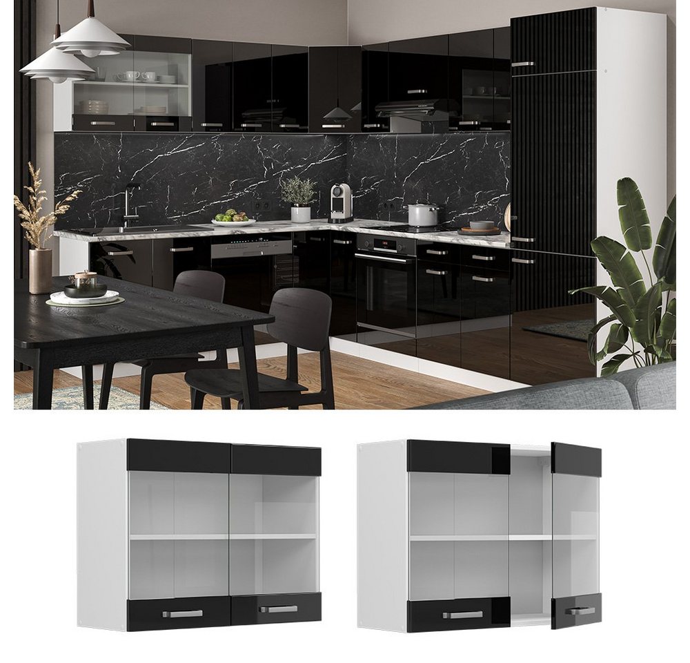 Vicco Glashängeschrank R-Line, Schwarz Hochglanz/Weiß, 80 cm (1-St) – Bild 2 von 5