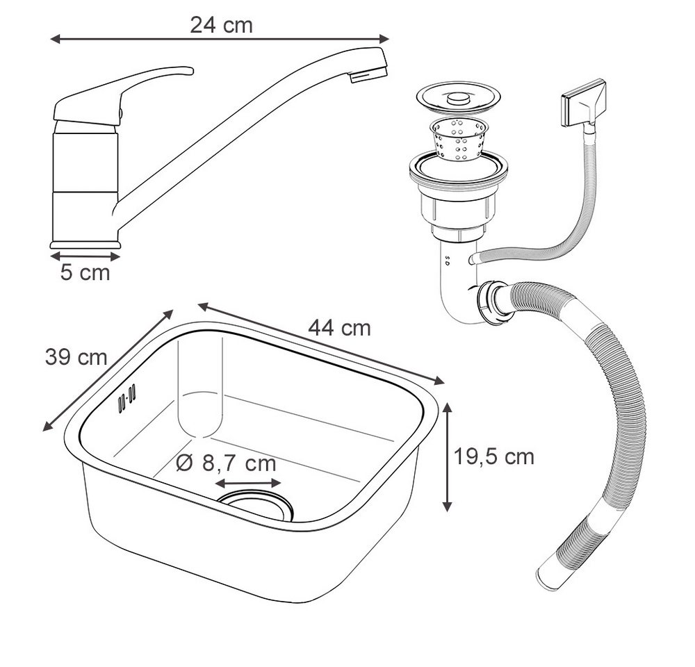 Vicco Granitspüle Flova, Stahl, 39 x 44 cm Set mit Armatur, Zulauf und Ablauf, Rechteckig, 39/44 cm, (4 St) – Bild 3 von 5