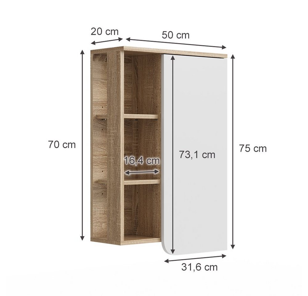 Vicco Hängeschrank Karen, Sonoma/Weiß, 50 x 75 cm mit Tür und offenen Fächern (1-St) – Bild 3 von 5