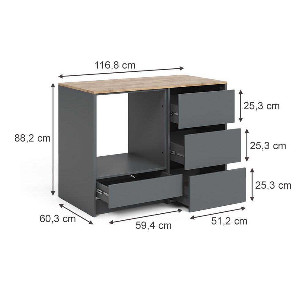 Vicco Herdumbauschrank Viktor, Anthrazit/Goldkraft Eiche, 116.8 cm mit 4 praktischen Schub... (1-St) – Bild 2 von 5