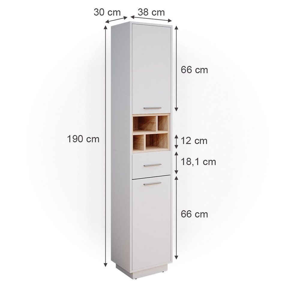 Vicco Hochschrank Beatrice, Weiß/Sonoma, 38 x 190 cm (1-St) – Bild 3 von 5