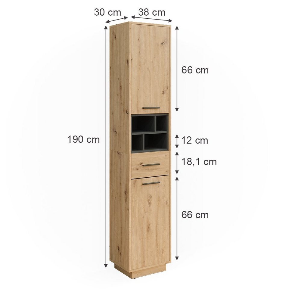 Vicco Hochschrank Beatrice, Artisan Eiche/Anthrazit/Anthrazit, 38 x 190 cm mit Türen... (1-St) – Bild 3 von 5