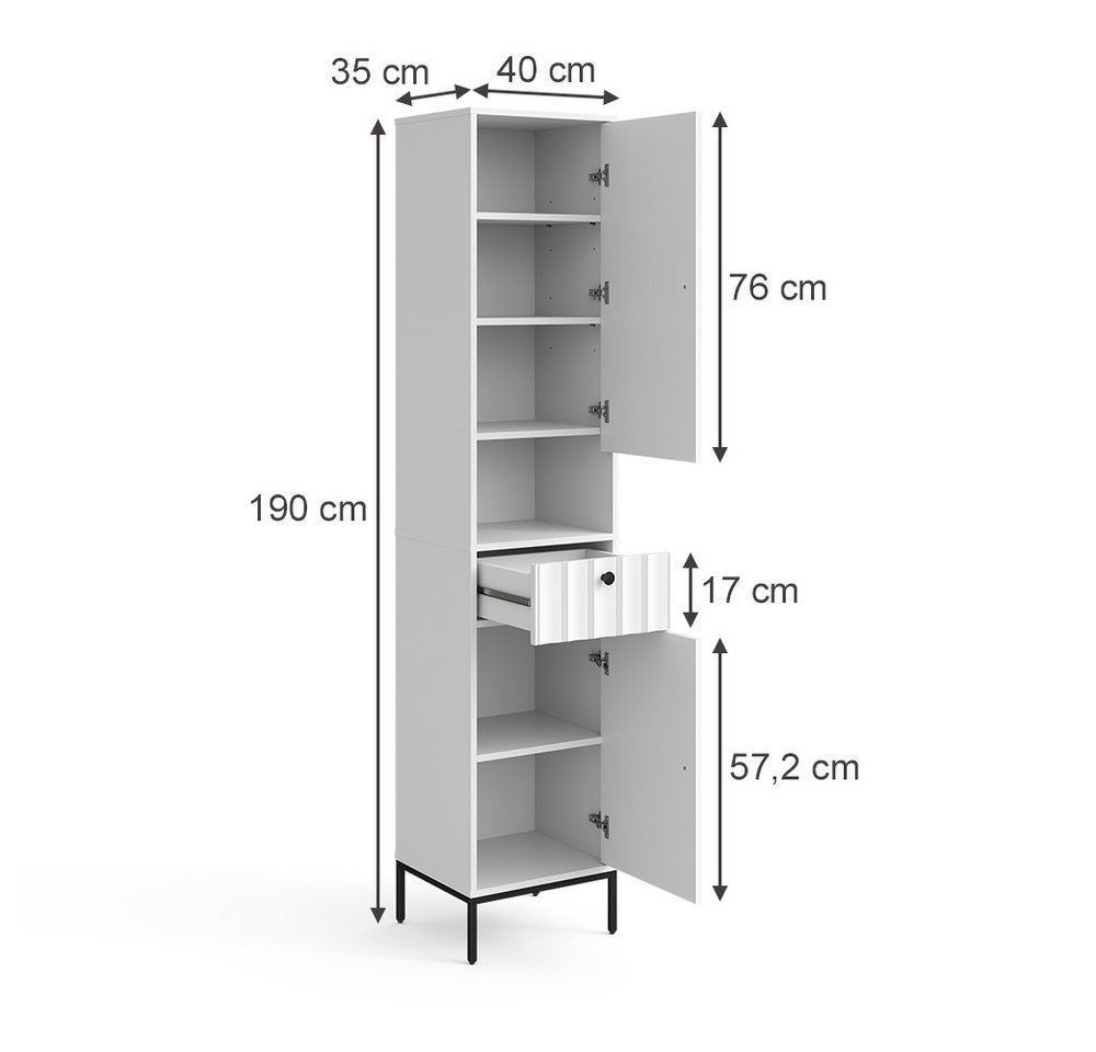 Vicco Hochschrank Eliza, Weiß Riffel, 40 x 190 cm mit 2 Türen (1-St) – Bild 2 von 5