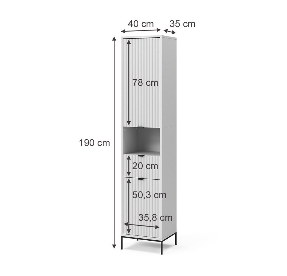Vicco Hochschrank Eliza, Weiß/Weiß, 40 x 190 cm mit Türen, und Schublade (1-St) – Bild 3 von 5