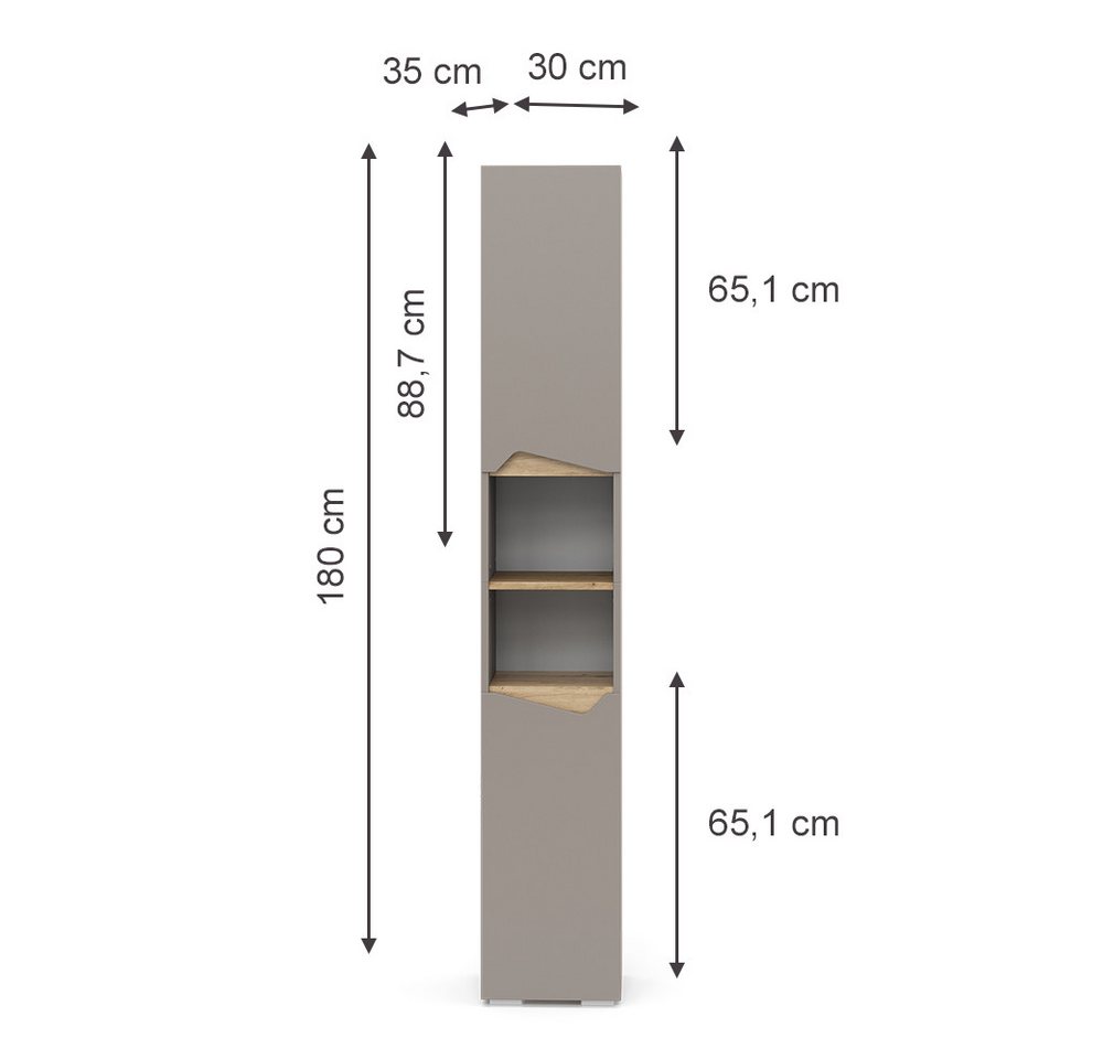 Vicco Hochschrank Marelle, Greige/Artisan-Eiche, 30 x 180 cm mit Türen, und offenen ... (1-St) – Bild 3 von 5