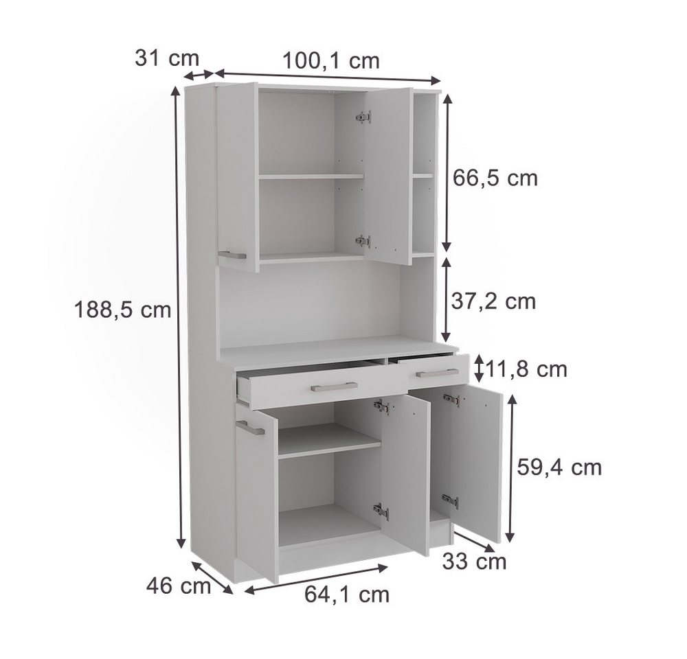 Vicco Hochschrank Raul, Weiß, 100.1 x 188.5 cm mit 5 Türen & 2 Schubladen (1-St) – Bild 2 von 5