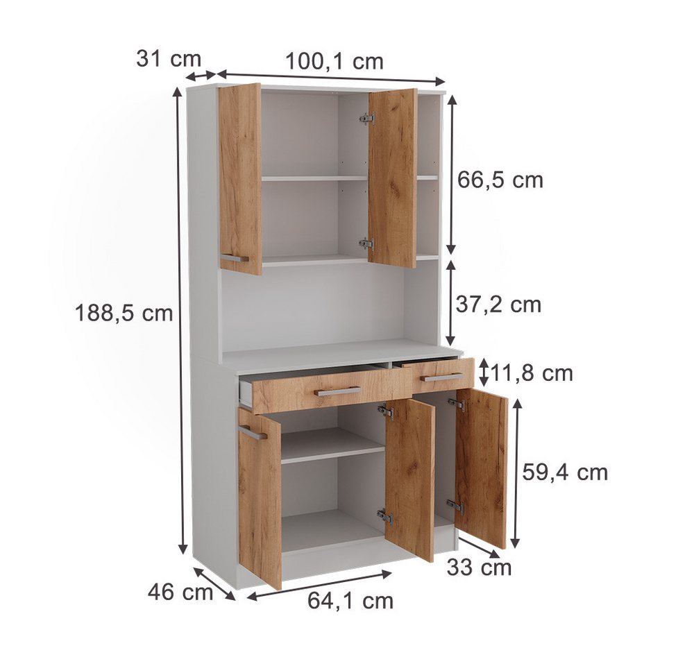 Vicco Hochschrank Raul, Weiß/Goldkraft Eiche, 100.1 x 188.5 cm mit 5 Türen & 2 Schu... (1-St) – Bild 2 von 5