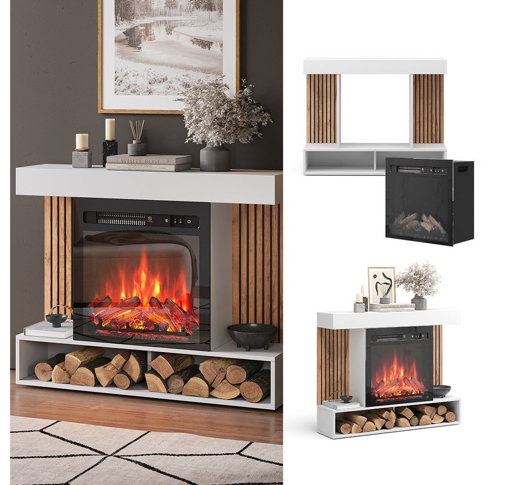 Vicco Kaminumbauschrank Lynea, Weiß, 100 cm mit realistischem Flammeneffekt und Heizung 1800W (1-St) – Bild 2 von 5
