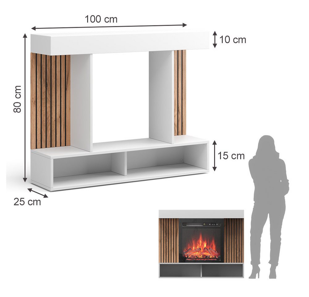 Vicco Kaminumbauschrank Lynea, Weiß, 100 cm mit realistischem Flammeneffekt und Heizung 1800W (1-St) – Bild 3 von 5