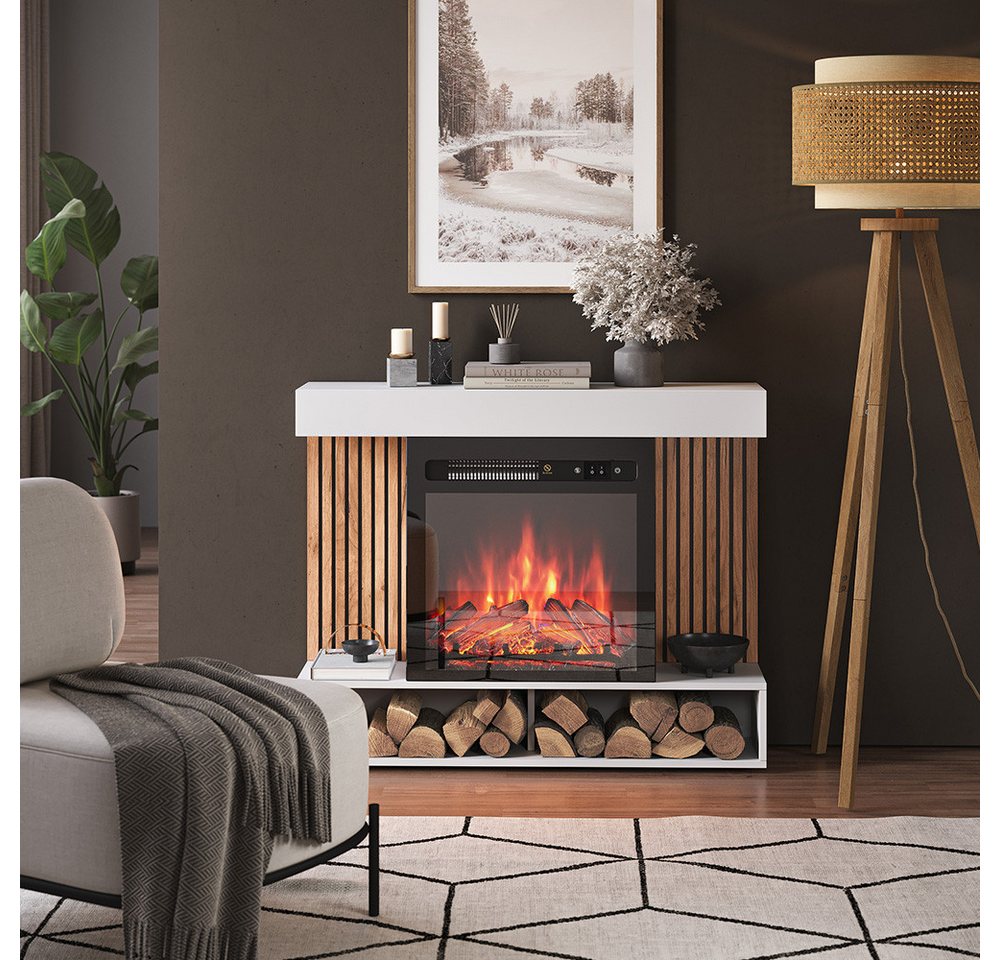 Vicco Kaminumbauschrank Lynea, Weiß, 100 cm mit realistischem Flammeneffekt und Heizung 1800W (1-St) – Bild 4 von 5