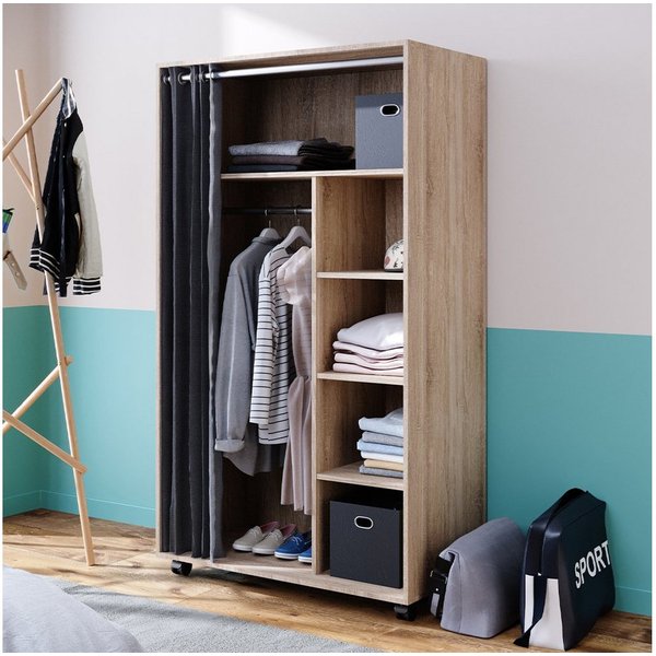Vicco Kleiderschrank Doros, Sonoma, 100 x 168 cm offen, mit Rollen (1-St) mit Kleiderstange