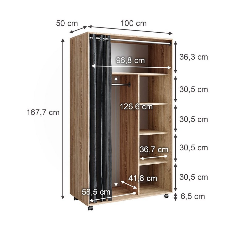 Vicco Kleiderschrank Doros, Sonoma, 100 x 168 cm offen, mit Rollen (1-St) mit Kleiderstange – Bild 4 von 5