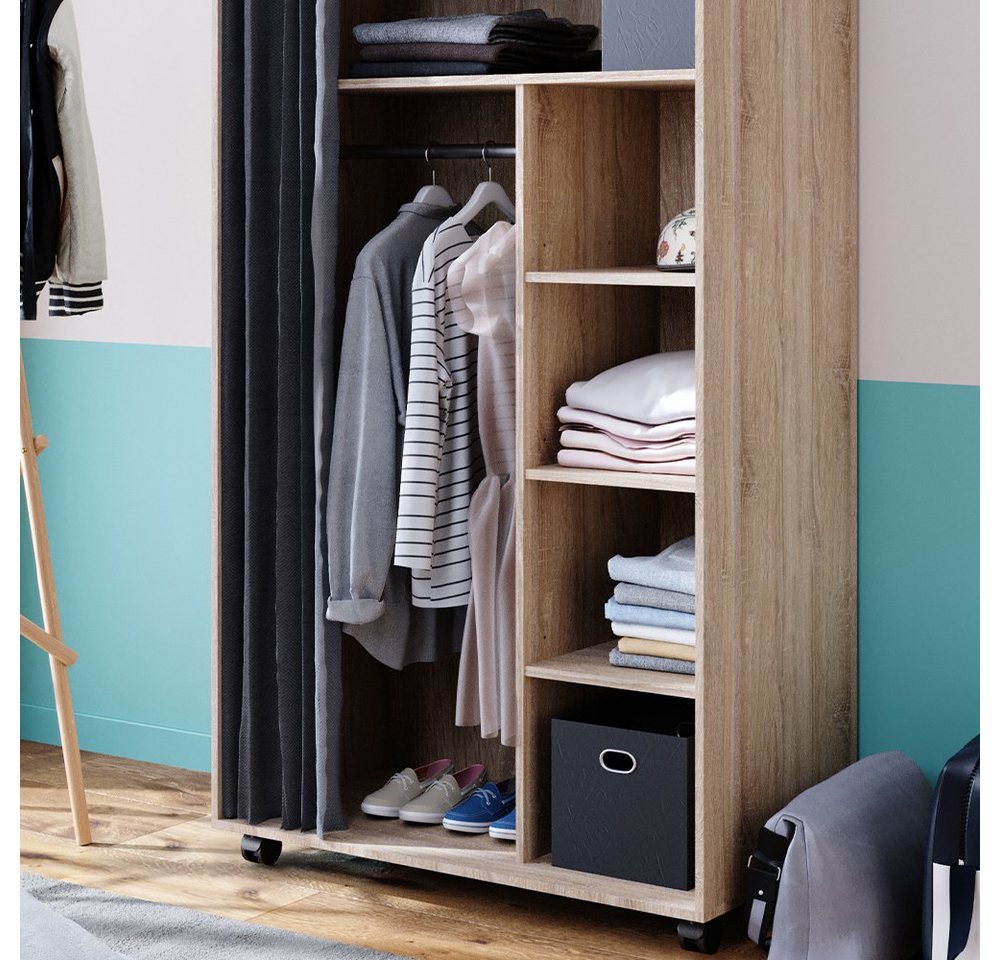 Vicco Kleiderschrank Doros, Sonoma, 100 x 168 cm offen, mit Rollen (1-St) mit Kleiderstange – Bild 5 von 5