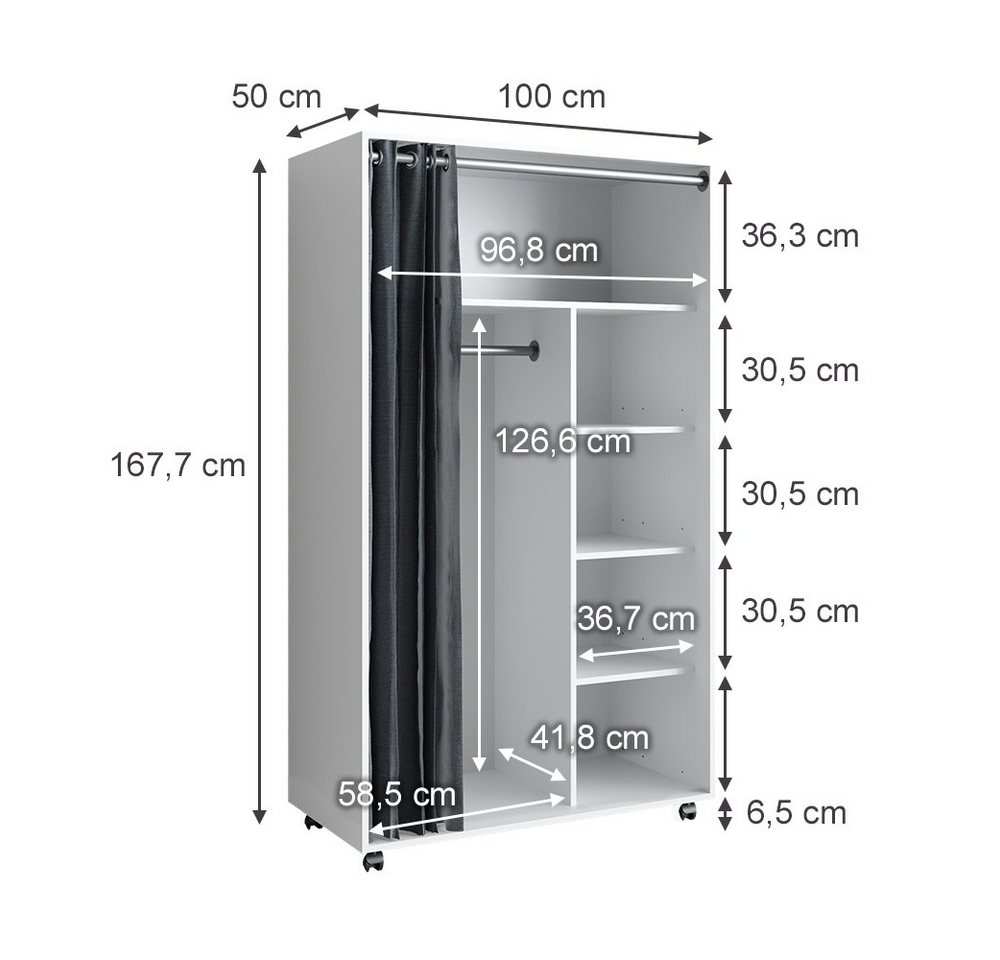 Vicco Kleiderschrank Doros, Weiß, 100 x 168 cm (1-St) mit Kleiderstange – Bild 4 von 5