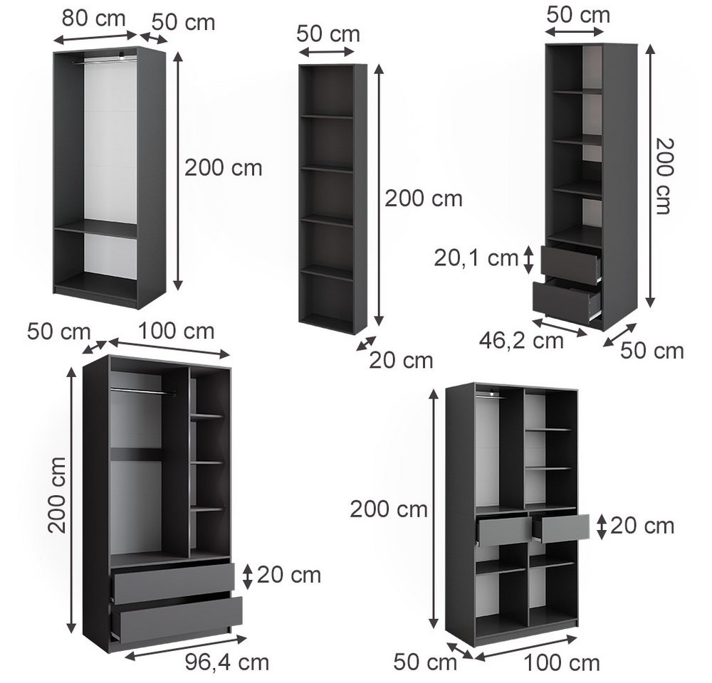Vicco Kleiderschrank Elmo, Anthrazit, 50 x 200 cm 5er Set (5-St) – Bild 3 von 5