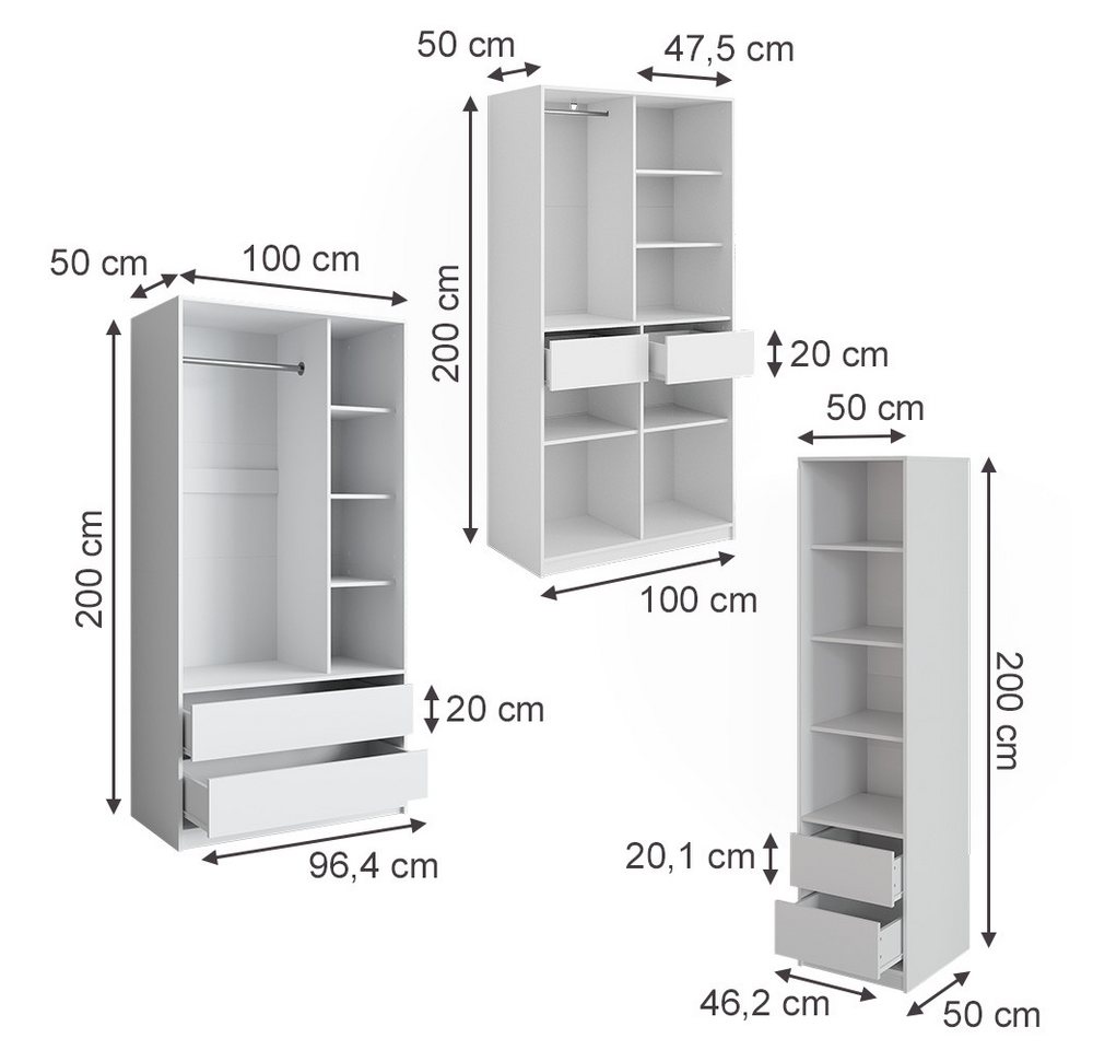 Vicco Kleiderschrank Elmo, Weiß, 100 x 200 cm 3er Set (3-St) – Bild 3 von 5