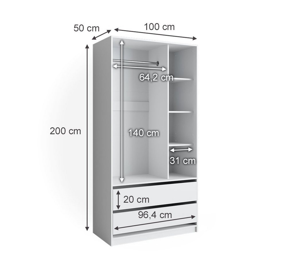 Vicco Kleiderschrank Elmo, Weiß, 100 x 200 cm mit 2 Schubladen (1-St) – Bild 4 von 5