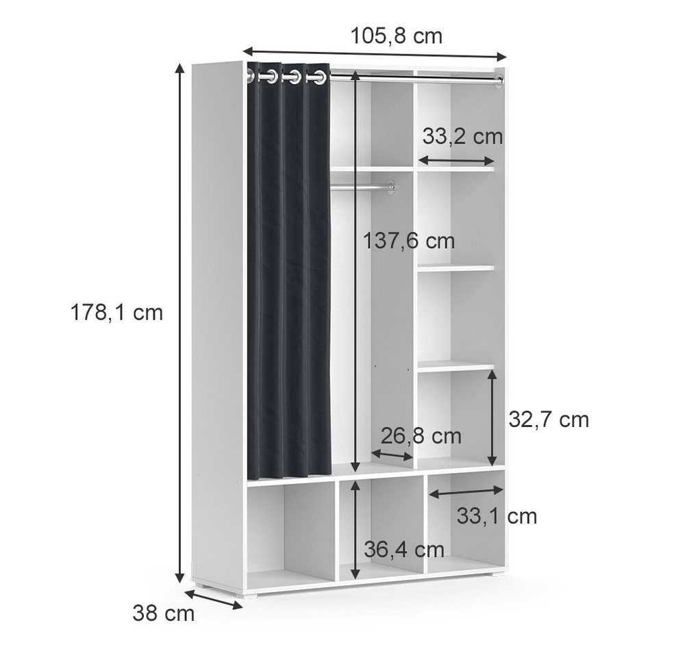 Vicco Kleiderschrank Luigi, Weiß, 38 x 178.1 cm mit Vorhang-Kleiderstange (1-St) Customizable – Bild 4 von 5