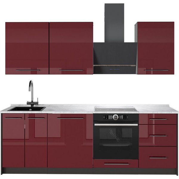Vicco Küchenzeile Fame-Line, Bordeaux Hochglanz/Anthrazit, 230 cm, AP Marmor