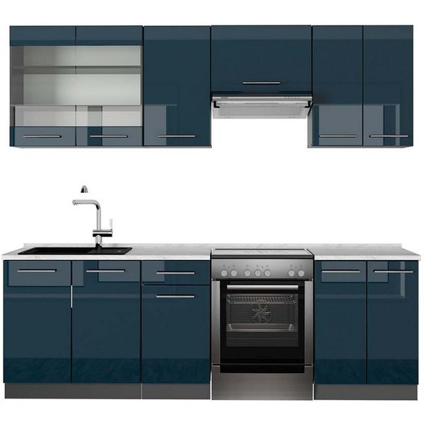 Vicco Küchenzeile Fame-Line, Dunkelblau Hochglanz/Anthrazit, 240 cm, AP Marmor