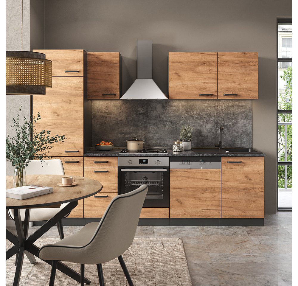 Vicco Küchenzeile Optima, Goldkraft Eiche/Anthrazit, 270 cm ohne Arbeitsplatte, mit H... – Bild 3 von 5