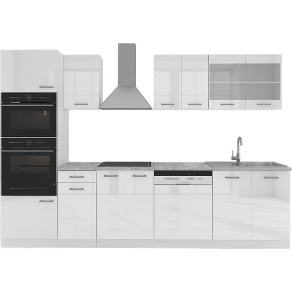 Vicco Küchenzeile R-Line, Weiß Hochglanz/Weiß, 300 mit Hochschrank, AP Marmor