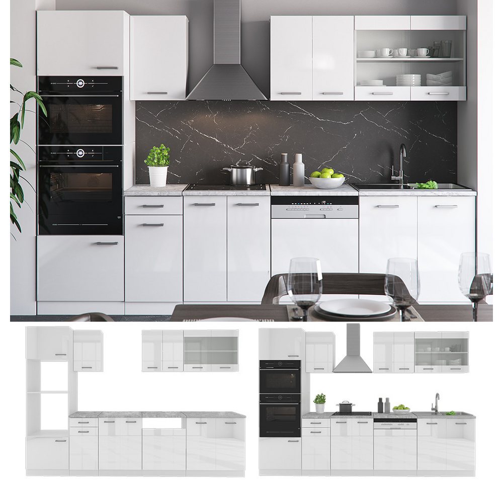 Vicco Küchenzeile R-Line, Weiß Hochglanz/Weiß, 300 mit Hochschrank, AP Marmor – Bild 5 von 5
