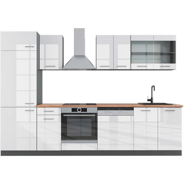 Vicco Küchenzeile R-Line, Weiß Hochglanz/Anthrazit, 300 cm, AP Eiche