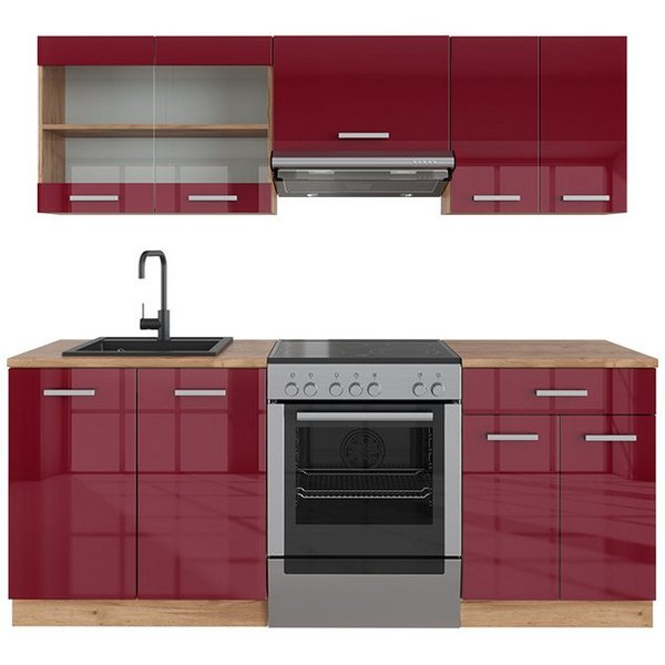 Vicco Küchenzeile R-Line, Rot Hochglanz/Goldkraft Eiche/Goldkraft Eiche, 200 cm ohne ...
