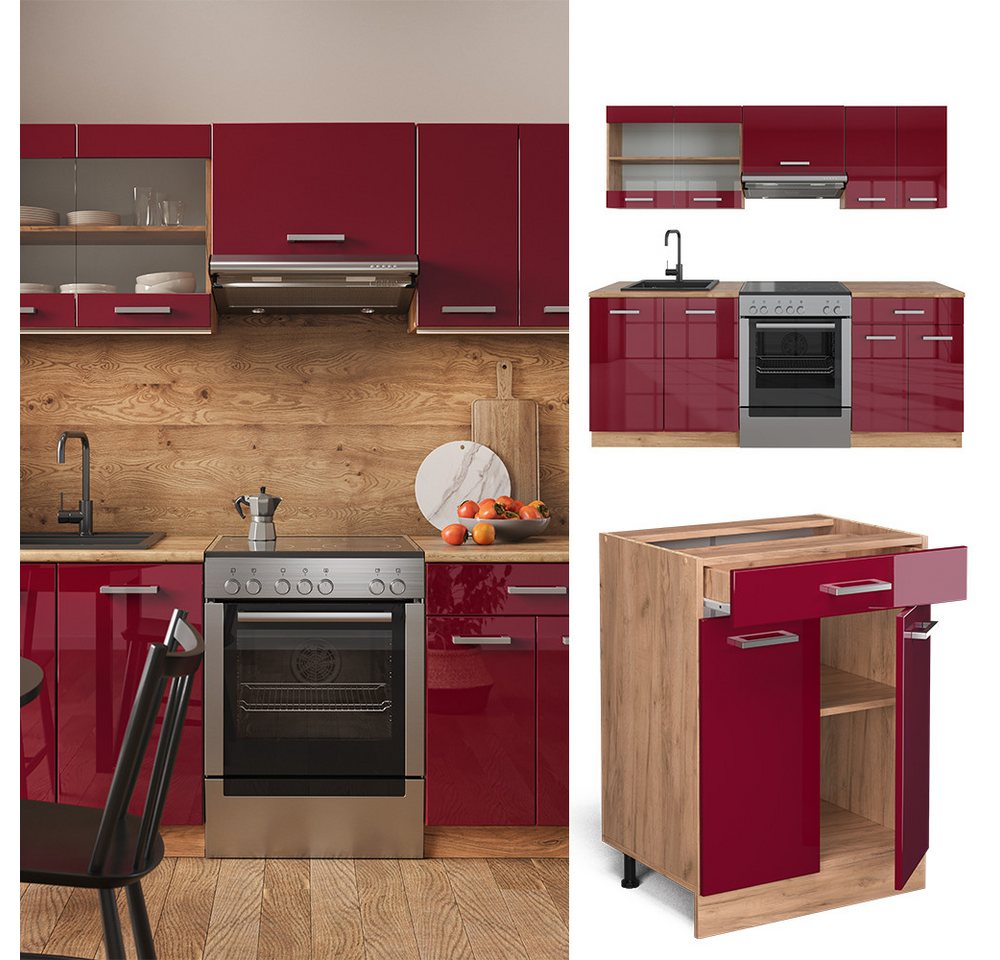 Vicco Küchenzeile R-Line, Rot Hochglanz/Goldkraft Eiche/Goldkraft Eiche, 200 cm ohne ... – Bild 4 von 5