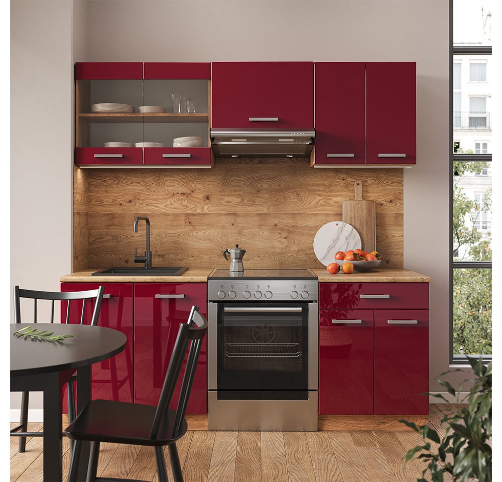 Vicco Küchenzeile R-Line, Rot Hochglanz/Goldkraft Eiche/Goldkraft Eiche, 200 cm ohne ... – Bild 5 von 5