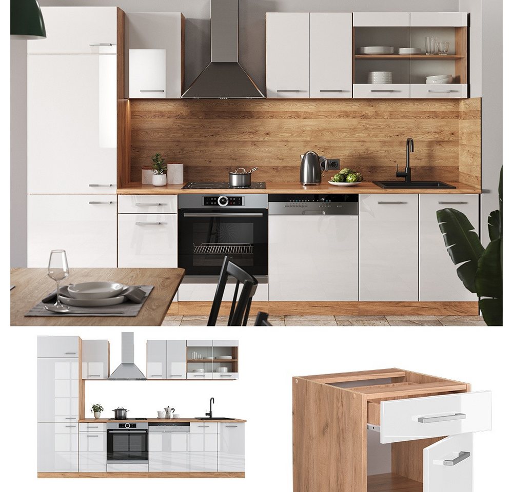 Vicco Küchenzeile R-Line, Weiß Hochglanz/Goldkraft Eiche, Ohne Arbeitsplatten – Bild 4 von 5