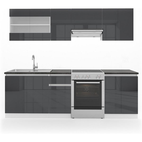 Vicco Küchenzeile R-Line, Anthrazit Hochglanz/Weiß, 240 cm, AP Schwarz