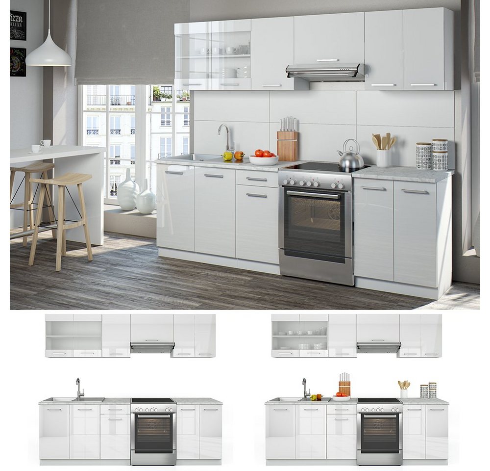 Vicco Küchenzeile R-Line, Weiß Hochglanz/Weiß, 240 cm, AP Marmor mit LED-Leisten – Bild 5 von 5