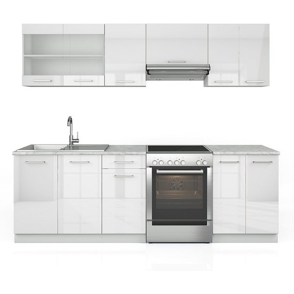 Vicco Küchenzeile R-Line, Weiß Hochglanz/Weiß, 240 cm, AP Marmor